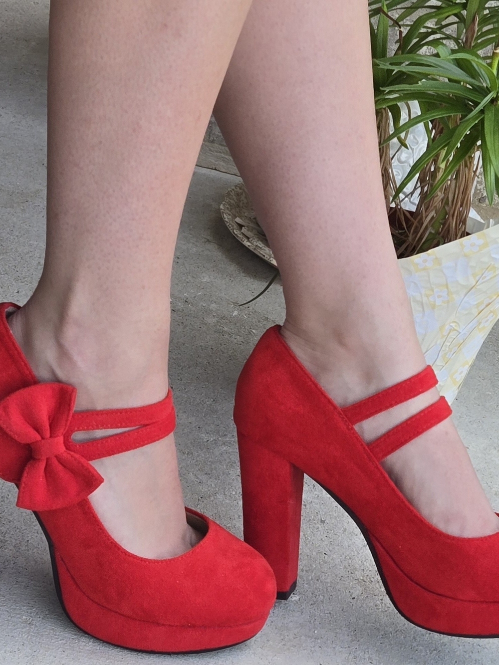 Daring Red Suede Platform MaryJane Heels with Decorative Bow *Hello Kitty Vibes*